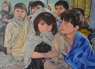 Marius Ghita: 'Refugee camp', 2018 Tempera Painting, Children. The painting is enhanced in water colors on canvas cotton and coated with two layers of varnish.  Mounted on stretcher frame. ...