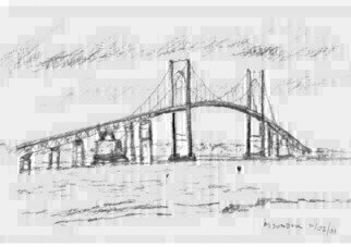 Michael Garr: 'Newport Bridge', 2001 Pencil Drawing, Marine.  Plein Air, and a cold one ...