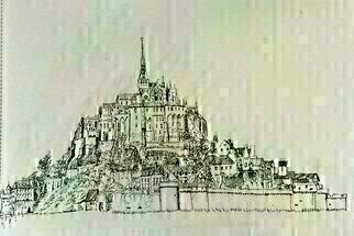 Michael Garr: 'mont st michel', 2022 Ink Drawing, Landmarks. A detailed drawing of the iconic Island Fortress Abbey...