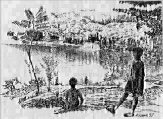 Michael Garr: 'view from rattlesnake Mountain', 1997 Pen Drawing, Children. Climbing to the top of Rattlesnake and looking down at the beach the kids are pleased with the effort. This is the view as reflected in the two boys, Dan and Ryan! ...