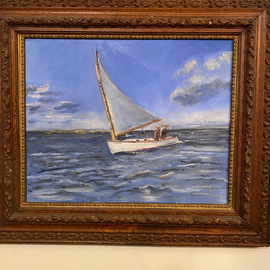 Michael Garr: 'wickford catboat', 2023 Oil Painting, Marine. Artist Description: A Catboat racingmaking its way to windward with two men on the rail on a windy day...