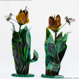 Michelle Vara: 'Tulips and Bees', 2013 Steel Sculpture, Floral. Artist Description:  Recycled metal welded and finished in Handmade paint using  translucent color.  ...