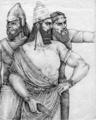 Nahrain Michael: 'Assyrian king', 2004 Pencil Drawing, History.  taken from multiple reliefs, this is an portrait of the king monitoring a building process. ...