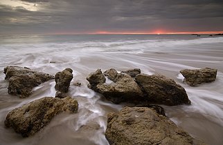 Dennis Chamberlain: 'El Matador Beach', 2009 Color Photograph, Seascape.    Sea, seascapes, sunset, ocean, pacific coast, California beaches, El Matador Beach, Malibu, nature, landscape, water, waves, slow shutter, sand, rocks, clouds   ...