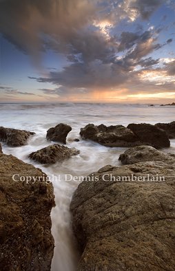 Dennis Chamberlain: 'El Matador Beach Sunset II', 2013 Color Photograph, Seascape.          Sea, seascapes, sunset, ocean, pacific coast, California beaches, El Matador Beach, Malibu, nature, landscape, water, waves, slow shutter, rocks, clouds         ...