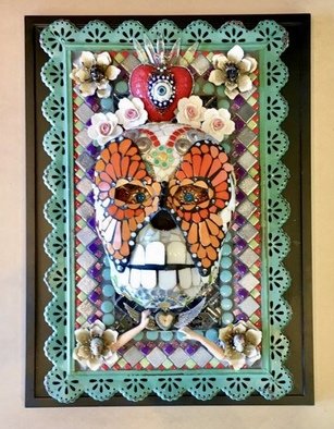 Clark-camargo Mary: 'a matter of time', 2020 Mosaic, Culture. This Day of the Dead mosaic wall hanging explores the theme of love, loss, yearning, rebirth and the passage of time. it is made from hand cut stained glass, glass tile , found objects, metal and porcelain...