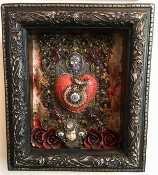 Clark-camargo Mary: 'a matter of time', 2020 Assemblage, Ethereal. This Assemblage ShadowBox explores the theme of loneliness and the concept of what the heart see and longs for.  It is comprised of Glass Mosaic, Vintage Jewelry, Jewelry Findings, Doll Parts, Tin, Copper, Wallpaper, Chandelier Crystals, Millifiore, Metal Filigree, Leather, Vintage Furniture Tacks and Used Picture Frames...