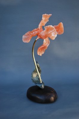Leslie Dycke: 'Alabaster Iris', 2015 Stone Sculpture, Floral. The full life sized bloom is carved from a single stone of the rare Utah Red Alabaster. The leave is carved from Green Soapstone and built onto a bronze stem structurally engineered to assemble and dissemble. The base is carved from a piece of Wenge wood. ...