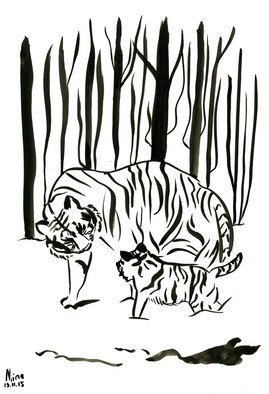 Niina Niskanen: 'tigers in the woods', 2016 Ink Painting, Animals. Mother and Baby tiger together in the snowy forest. Tigers are compassionate animals and very much loyal to each other.Size of the painting 20 x 29. 5 cm   7,8 x 11. 5 inPainted with Indian ink on cold pressed acid free watercolor paper.Signed by me the artist...