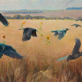 Sergey Lesnikov: 'wheatfield with crows', 2017 Oil Painting, Landscape. Artist Description: Wheatfield with crows, an old theme, in my interpretation, oil on OSB panel...