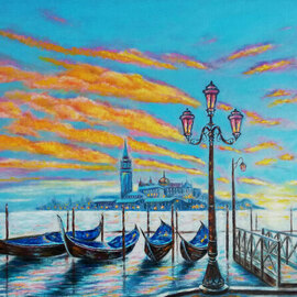 Iryna Fedarava: 'Sunset in Venice', 2022 Oil Painting, Landscape. Artist Description: A magnificent sunset in Venice.  Yellow - orange shades turn into pink- purple tones and make the picture bright and saturated.  The plot of the picture says that evening is approaching, and it promises to be cozy and warm. ...