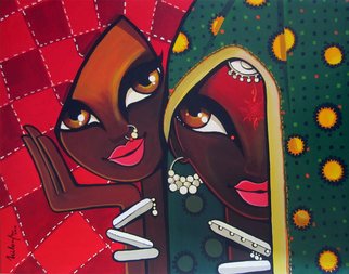 Niloufer Wadia: 'Friends', 2012 Acrylic Painting, Figurative.  2 tribal women laughing together. Bright veils add to the graphic shapes in this art      ...