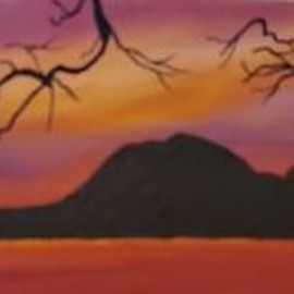 Marilyn Domilski: 'red sunset', 2021 Oil Painting, Landscape. Artist Description: Red Sunset shines over the distant mountains and reflects many hues in the water. Oil on canvas painted with professional artists oils. ...