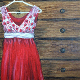 Natia Khmaladze: 'waiting', 2015 Oil Painting, Still Life. Artist Description:      chest of drawers red dress hanging timber still life oil on canvas modern art petite painting ...