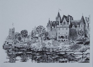 William Christopherson: 'Boldt Castle Saint Lawrence Romance ', 1998 , Romance.  The Captain of Her Heart.  20 x 28 full size giclee reproduction of pen  ink original.  Signed, numbered, and dated by the artist.  The lady of the castle awaits as her love rows his Saint Lawrence skiff to shore.  Impressionistic rendering of famous castle on Heart Island in the Thousand...