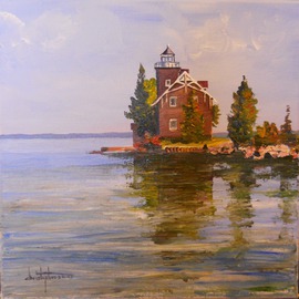William Christopherson: 'Sisters Island Lighthouse Saint Lawrence', 2012 Oil Painting, Landscape. Artist Description:      Title: Sister' s Island Lighthouse 12 x 12 x 3/ 4 stretched canvas. An original from my travels along the Saint Lawrence August 2012. Impressionism to reflect color and deepness of the surrounding waters, and the richness of the stoework. Completed in Grumbacher oils - painting wraps around sides. ...