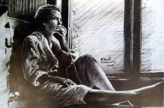 Nick Skarvelakis: 'accompanied with phone', 1989 Pencil Drawing, Communication. A Woman in a relaxed state during a phone conversation.  An amazing pencil drawing that features a scene where communication and the window view inspire the womanaEURtms contact. ...