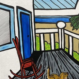 Brita Ferm: 'Porch Puppy', 2015 Acrylic Painting, Beach. Artist Description: My love of Golden Retrievers goes back to my first Guide Dog, Rooney.  He loved being out on the deck, king of all he surveyed.  Acrylic on Masonite...