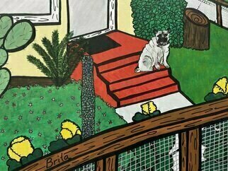 Brita Ferm: 'pug on the porch', 2015 Acrylic Painting, Beach. WWinston was my neighbor in IB.  I called him Sir Winston, and was tempted to paint him with a pipe in his mouth.  ...