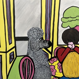 Brita Ferm: 'table for three', 2010 Acrylic Painting, Beach. Artist Description: While walking through the Bay Area beach town of Sausalito, I happened upon Oliver, a large standard poodle perched on a tiny ice cream parlor chair.  aEURoeHow do you get him to do that aEUR I asked his companions.  aEURoeOh, aEUR one of them said, aEURoehe wonaEURtmt sit on ...