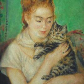 Ron Ogle: 'young lady with cat       after Renoir ', 2001 Oil Painting, Cats. Artist Description: An exact copy I made of Renoirs 1886 painting, Young Lady With a Cat which hangs in the National Gallery of Art, in Washington, D. C. By copying great paintings I can apprentice myself to masters of painting.  This experience introduced me to viridian green oil paint, and ...