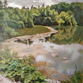 Oleg Khoroshilov: 'an old pond', 2020 Acrylic Painting, Landscape. Artist Description: Calmness and peace enveloped the water surface of the old pond. And only there, in the distance, a random single ray touched the crowns of trees creating a joyful mood. ...