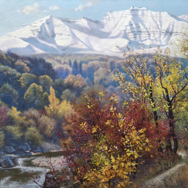 Oleg Khoroshilov: 'by the nalchik river', 2019 Acrylic Painting, Landscape. Artist Description: Walking in the park one autumn day along the river, I saw a wonderful view that I decided to depict on the canvas. ...