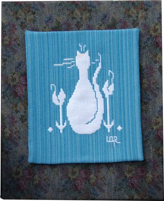 Lisbet Olin-ranstam: 'Cat in Flowerbed', 2006 Crafts, Cats. Wallhanging, handwoven in Scandinavian double- weft and mounted on a cloth- covered frame...