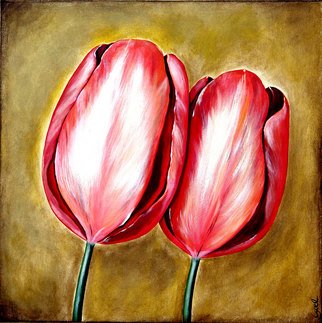 Ozgul Tuzcu: 'Tulips II', 2006 Acrylic Painting, Floral.  Two pink tulips on a golden background. ...