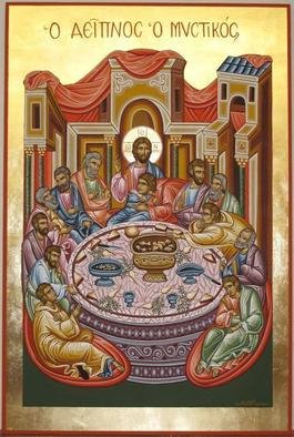 Adamantia Karatza: 'Religious icon of Last Supper', 2012 Tempera Painting, Religious.     Hand painted religious icon on wood panel with eggyolk tempera and real gold sheets on background under all traditional rules of byzantine art.   ...