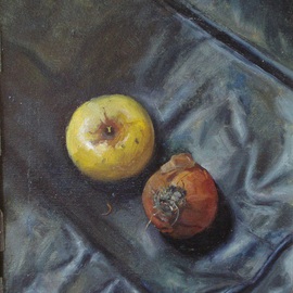 Parnaos Surabischwili: 'Apple and Onion', 1990 Oil Painting, Still Life. Artist Description:   Oil painting on board  ...