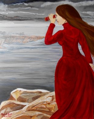 Patrick Lynch: 'La Maison De La Mer ', 2015 Acrylic Painting, Romance.  A mysterious Victorian lady gazes at a distant Gothic house by the sea through her telescope. ...
