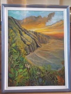 Paul Dudas: 'napili sunset', 2020 Acrylic Painting, Beach. The Napili Cliffis in Kauai with breathtaking views any time of day but especially as sunset. . .  tropical trees, palms, flowers and the surf all reflect the rich colors of the sun setting. ...
