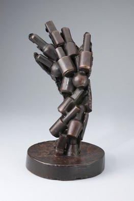 Paul Orzech: 'Adhesion', 2000 Bronze Sculpture, Abstract. Adhesion is an early sculpture by the artist that represents the connection in modern society between natural beauty and beauty- enhancing products.This sculpture' s fractured life- cast hand, represents natural beauty. The photo illustrates a series of nail polish bottles that compose the back of the fractured hand.  The ...