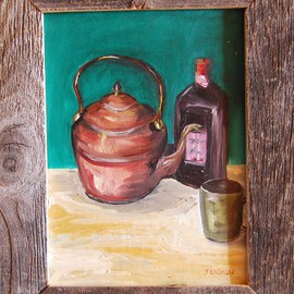 James Emerson: 'Copper Tea pot', 2010 Oil Painting, Still Life. Artist Description:  still life teapot of copper, liquor and cup on country table              Fisher folk facing the weather off the Grand Banks fishing ground off the Canadian and Maine coast.   ...