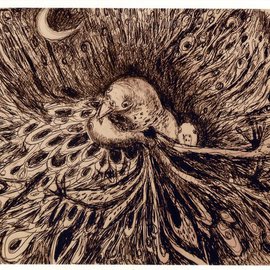 Birds Nest Chaos Crescent Moon Drawing Print, Marilyn Nosewicz