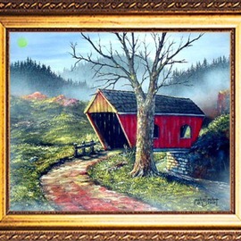 Michael Pickett: 'Covered Bridge', 2005 Acrylic Painting, Landscape. Artist Description:  This painting will glow in the dark as a night scene. ...