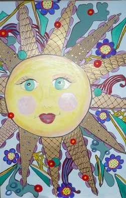 Katharina Eltringham: 'Let The Sun Shine', 2014 Mixed Media, Abstract.                    Acrylic on canvas with mixed mediums. Whimsical, bold, happy and smiling sun with colors of gold, blues, yellows, red, tec. Picasso style face.  Ready to hang.                         ...
