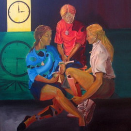 Jorge De La Fuente: 'To become Bilingual', 1990 Acrylic Painting, Figurative. Artist Description:  A Teacher with an open Oyster and a Pearl. Two students, with a close Oyster. Becoming Bilingual. The English speaking is studing Spanish and the other one is studing English. Their Oyster will open and show a pearl, when they become Bilingual.               ...