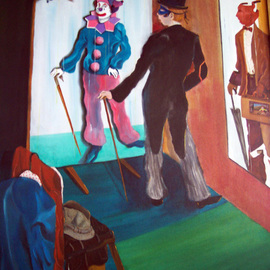 Jorge De La Fuente: 'WHICH COSTUME TODAY', 1992 Acrylic Painting, Surrealism. Artist Description:   Neo surrealism painting of the theather of life, where we are all actors. A gent, reflects a clown on the mirror and a sales man on his rigth, with a theather inside his case. The critic as a little clown on the upper left in a surreal window.   ...