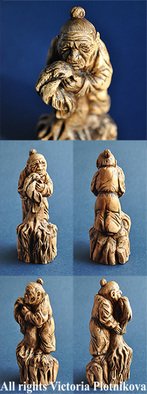 Plotnikova Victoria: 'Netsuke Old Woman', 2015 Wood Sculpture, Philosophy. Material: wood - pear. The old woman holds the broken trunk of an old tree, simultaneously trampling the young shoots that gave the tree. That yearning for those what has already gone, she does not allow new development. On the one hand this image is tragic, causing compassion for her suffering, ...
