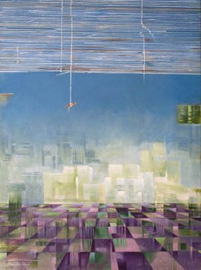 Prabha Shah: 'Gurgaon', 2011 Oil Painting, Abstract Landscape.   You roll up the tattered blinds to see a new city rising, gleaming with steel and glass. It's like a hologram, an imprint from the future hovering like a mirage in the distance. But it's aspiration or gullibility on this side of the blinds, from the landowner- peasant...
