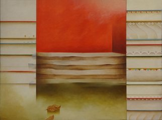 Prabha Shah: 'Pick the Leaf', 1998 Oil Painting, Abstract Landscape.  Three vertical strips portraying horizontal ones within sit beside each other. The one on right, with buntings, promise a celebration. They are gone in the left- most strip. But the one in the middle is not from either of these worlds. It strikes out by itself. Only, nature intrudes with...