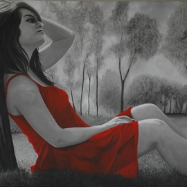 Peter Seminck: 'Red Dress relaxing', 2019 Oil Painting, People. Artist Description: Moderate colors for background and color focus on one item only...