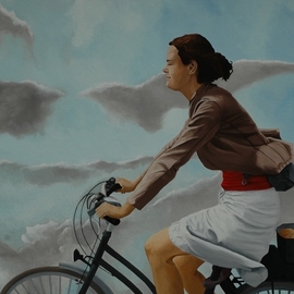 Peter Seminck: 'against the wind', 2018 Oil Painting, People. Artist Description: WomanBicyclewind realism...