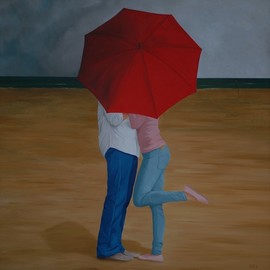 Peter Seminck: 'private kiss', 2020 Oil Painting, People. Artist Description: Come rain or shine, an umbrella can be useful...