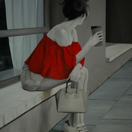 Peter Seminck: 'red blouse waiting for him', 2019 Oil Painting, People. Artist Description: Fourth in the series  all shades of grey except 1 thing item ...
