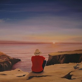 Peter Seminck: 'sunset', 2019 Oil Painting, People. Artist Description: sunsetseaoceanrocksmanrealism...