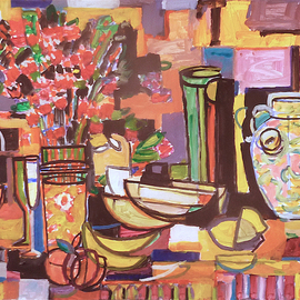 Juan-luis Quintana: 'claveles melon y platanos', 2020 Acrylic Painting, Still Life. Artist Description: Original Art Work Juan Luis Quintana. Portfolio Still Life.  The subject matter related to cubism. Quintana lives part of the year in Barcelon Spain and in Buffalo, NY.  He has regular exhibirs every year. ...
