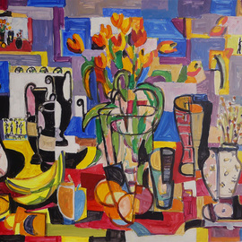 Juan-luis Quintana: 'greek vase and tulips', 2020 Acrylic Painting, Still Life. Artist Description: Original Art Work Juan Luis Quintana. Portfolio Still Life.  The subject matter related to cubism. Quintana lives part of the year in Barcelon Spain and in Buffalo, NY.  He has regular exhibirs every year. ...
